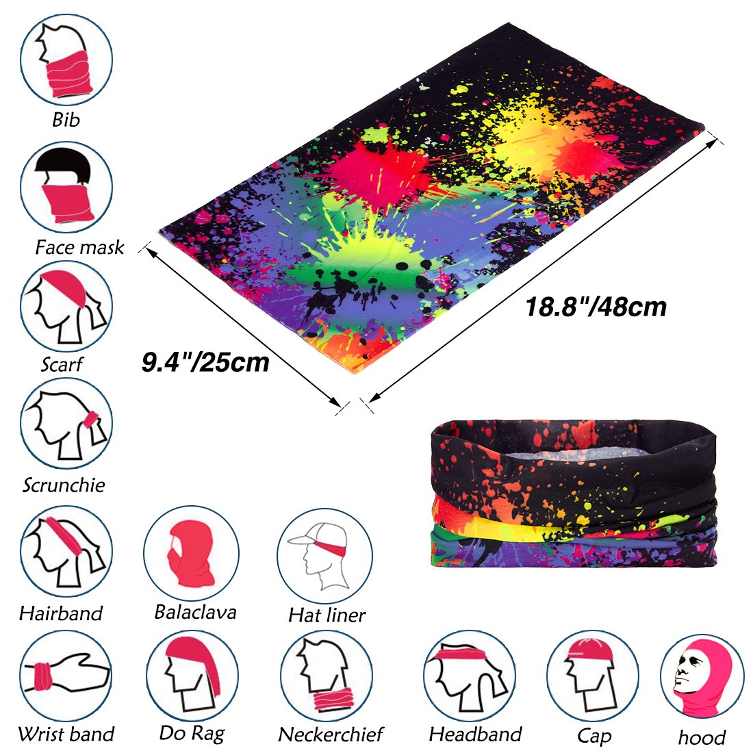 TUONROAD 3D Printed Colorful Paint Tie-Dye Black Seamless Hot Bandana Headband Mask Sweatband Lady MensMultifunctional Headwear Head Wrap Neck Gaiter Face Sun Mask for Cycling Fishing Hunting