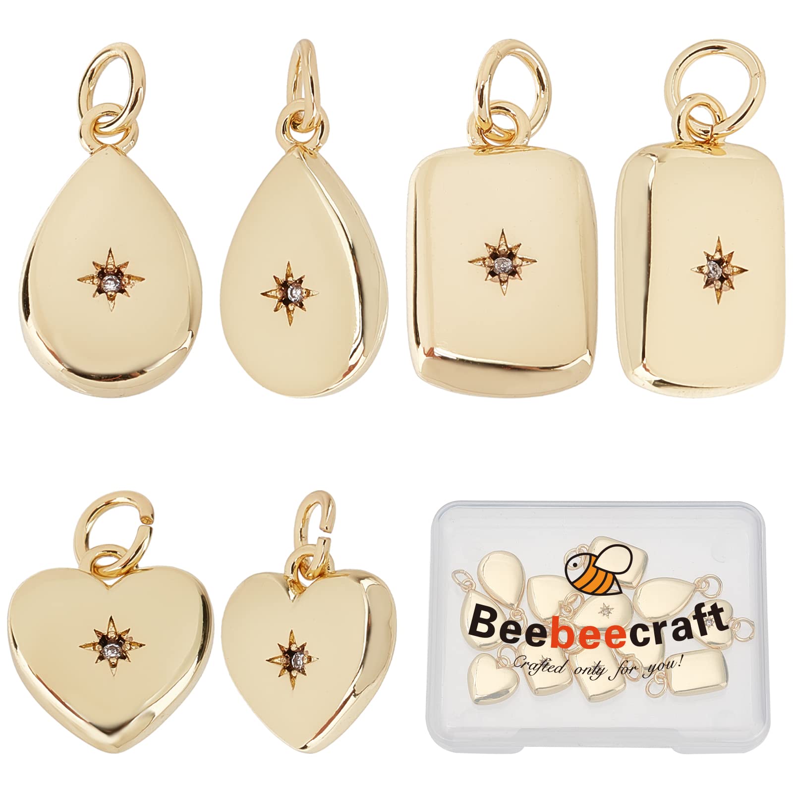 Beebeecraft 12Pcs 3 Style 18K Gold Plated Compass Charms Pendants Heart Teardrop Rectangle Cubic Zirconia Charms for DIY Bracelet Necklace Earring Making