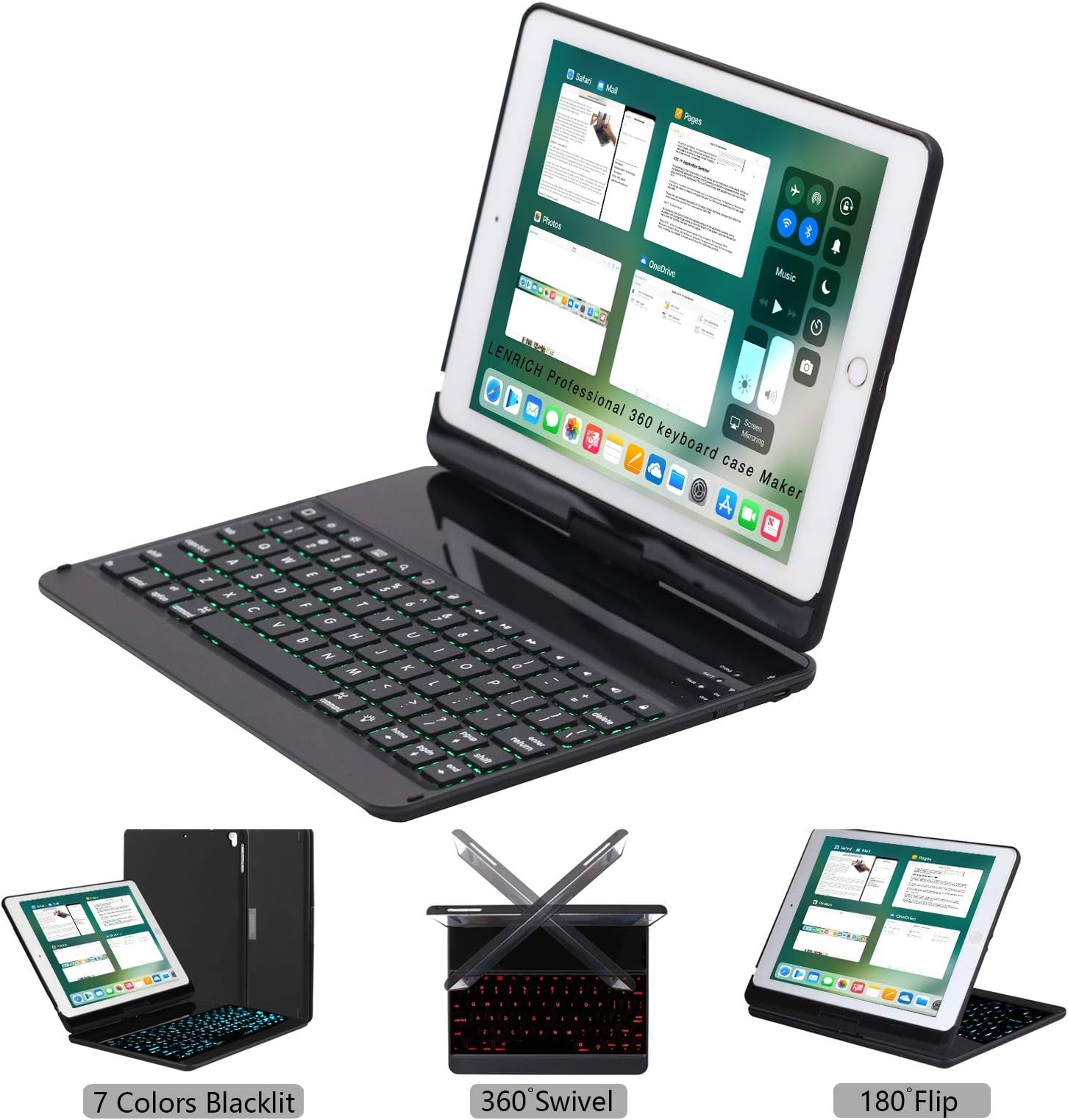 LENRICH iPad Keyboard case for ipad 9.7 2018 6th Generation 2017 5th iPad Air 9.7 Backlit, 7 Color Backlight 360 Rotatable 180 Flip Swivel Wireless Hard Shell Folio Cover Auto Sleep Wake up Black