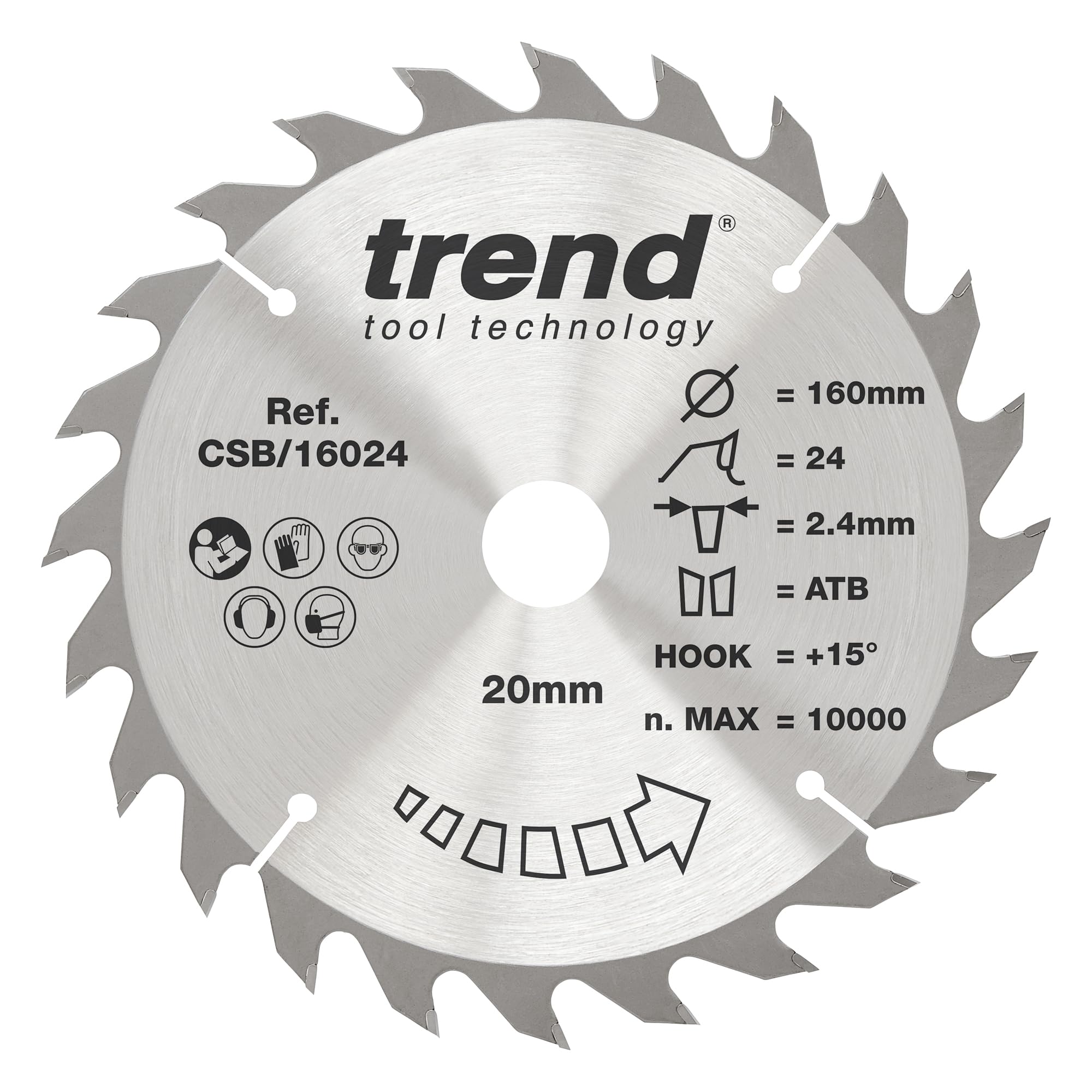 Trend Wood Circular Saw Blade, 160mm Diameter, 20mm Bore, 24 Teeth, 2.4mm Kerf, +15° Hook, TCT, Medium Finish, CSB/16024
