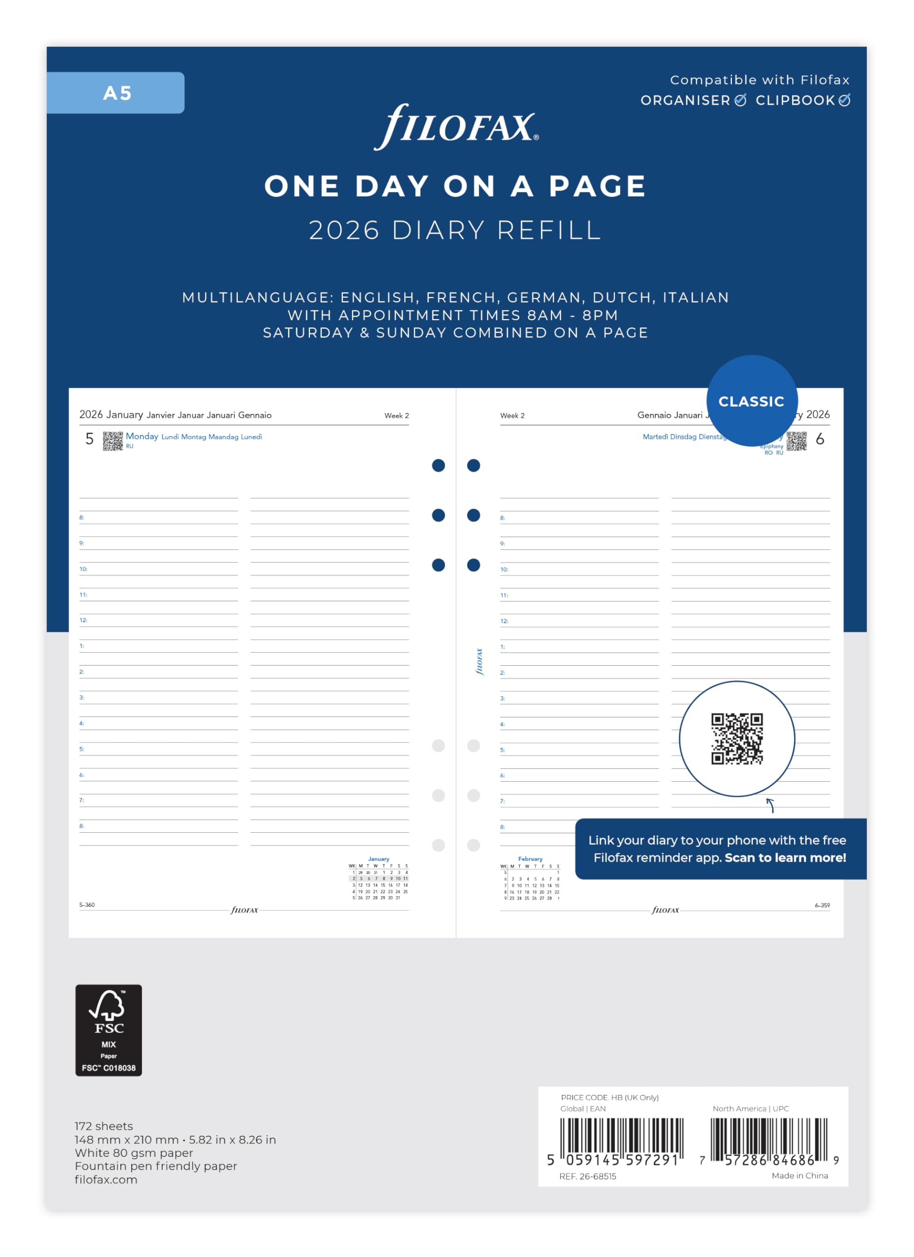 Filofax A5 day per page 5 language appointments 2026 diary 26-68515