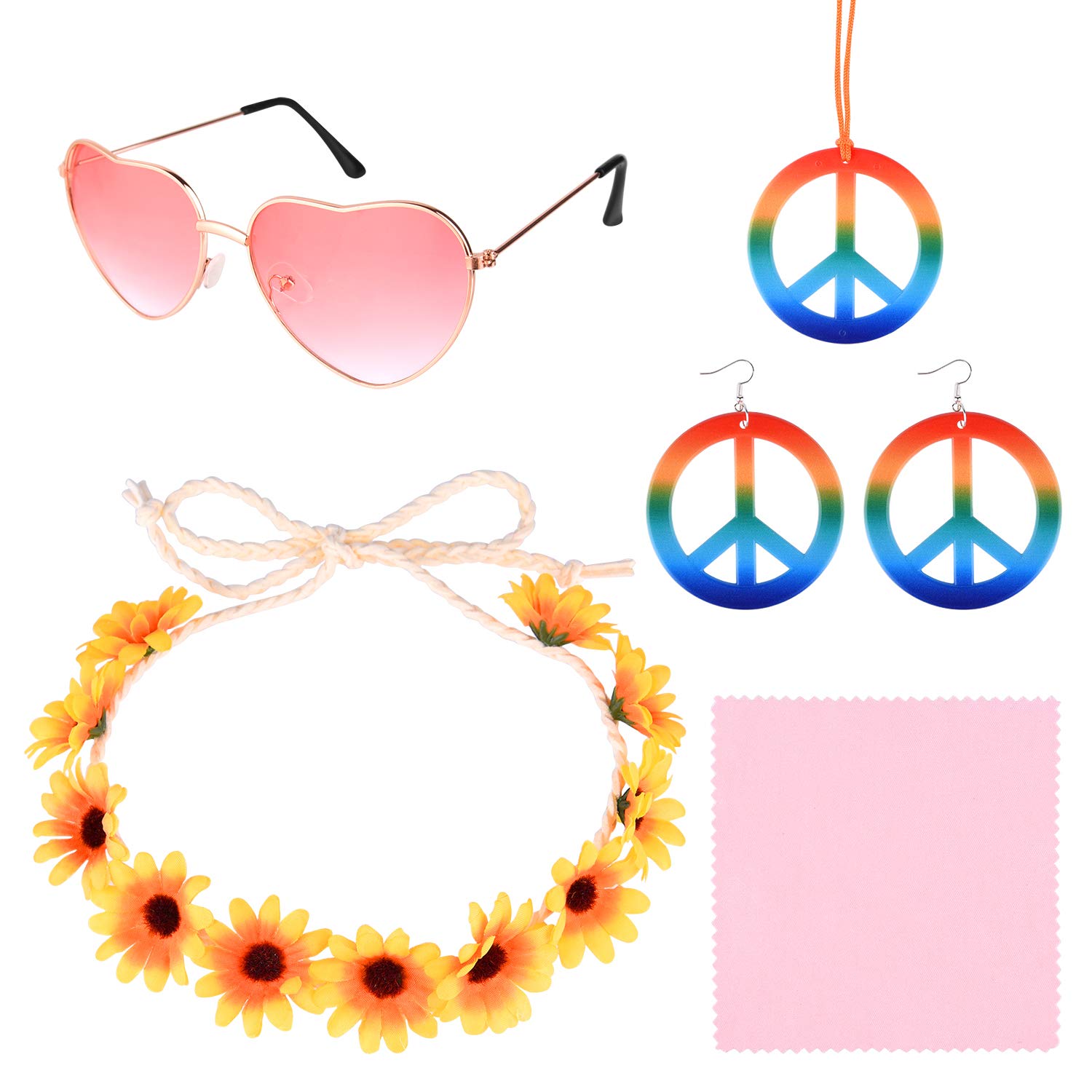 TUPARKA 4PCS Hippie Costume Accessory Set With Peace Sign Necklace, Sunglasses and Headband