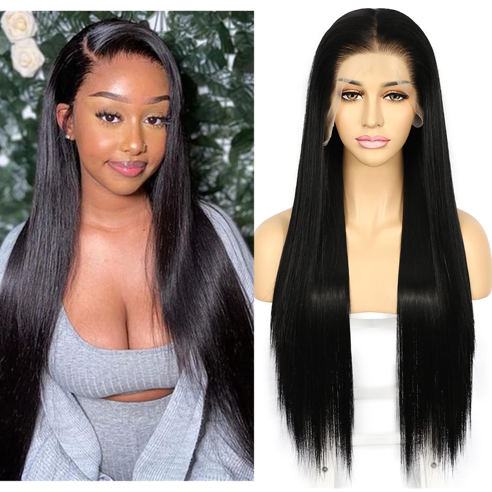 Sapphirewigs Black Straight Lace Front Wigs 13x6 Long Straight Wig for Women Lace Front Synthetic Hair 150% Density Party Daily Wear Heat Resistant 26inch — image 1