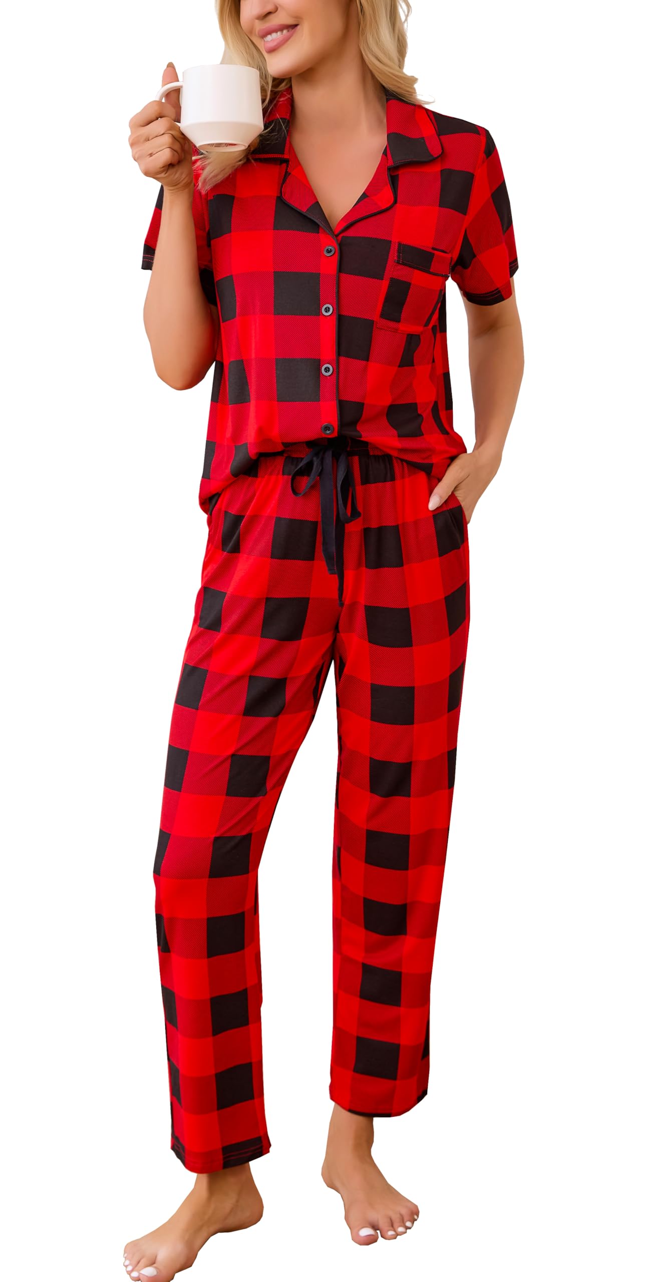 Photo 1 of ***PAJAMA SHIRT ONLY*** Samring Women's Christmas Pajama Short Sleeve Sleepwear Soft Pjs Lounge Shirt Red and Black Plaid L