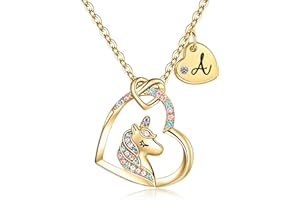 Rucher Unicorn Necklace for Girls Kids with Personalized Initial Heart Pendant, 18K Gold Fashion Jewelry for Girls, Colorful Heart Necklace for Birthday Gifts.