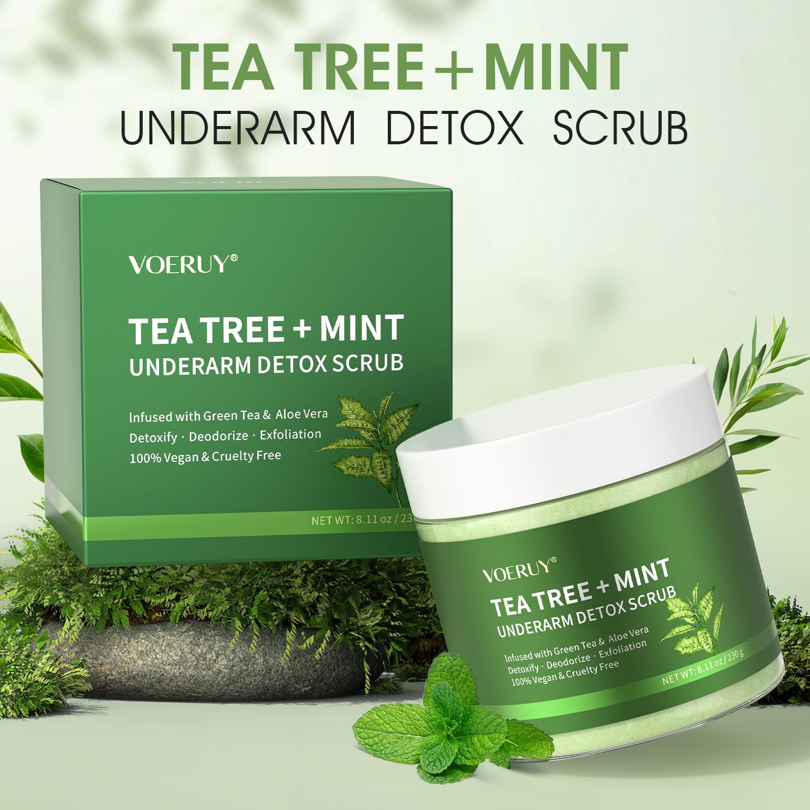 Armpit Detox Scrub with Tea Tree, Mint & Walnut Shell Powder, Underarm Scrub for Removing Odor & Exfoliating, Dark Armpit Remover, Natural Unisex Body Deodorant for Full Body Care 8.11 Oz
