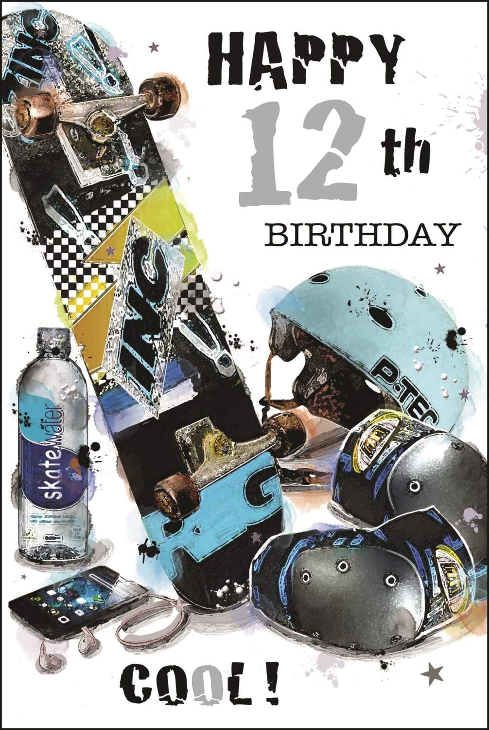 Jonny Javelin Boy Age 12 Happy 12th Birthday Card - Skateboard, black|grey|green