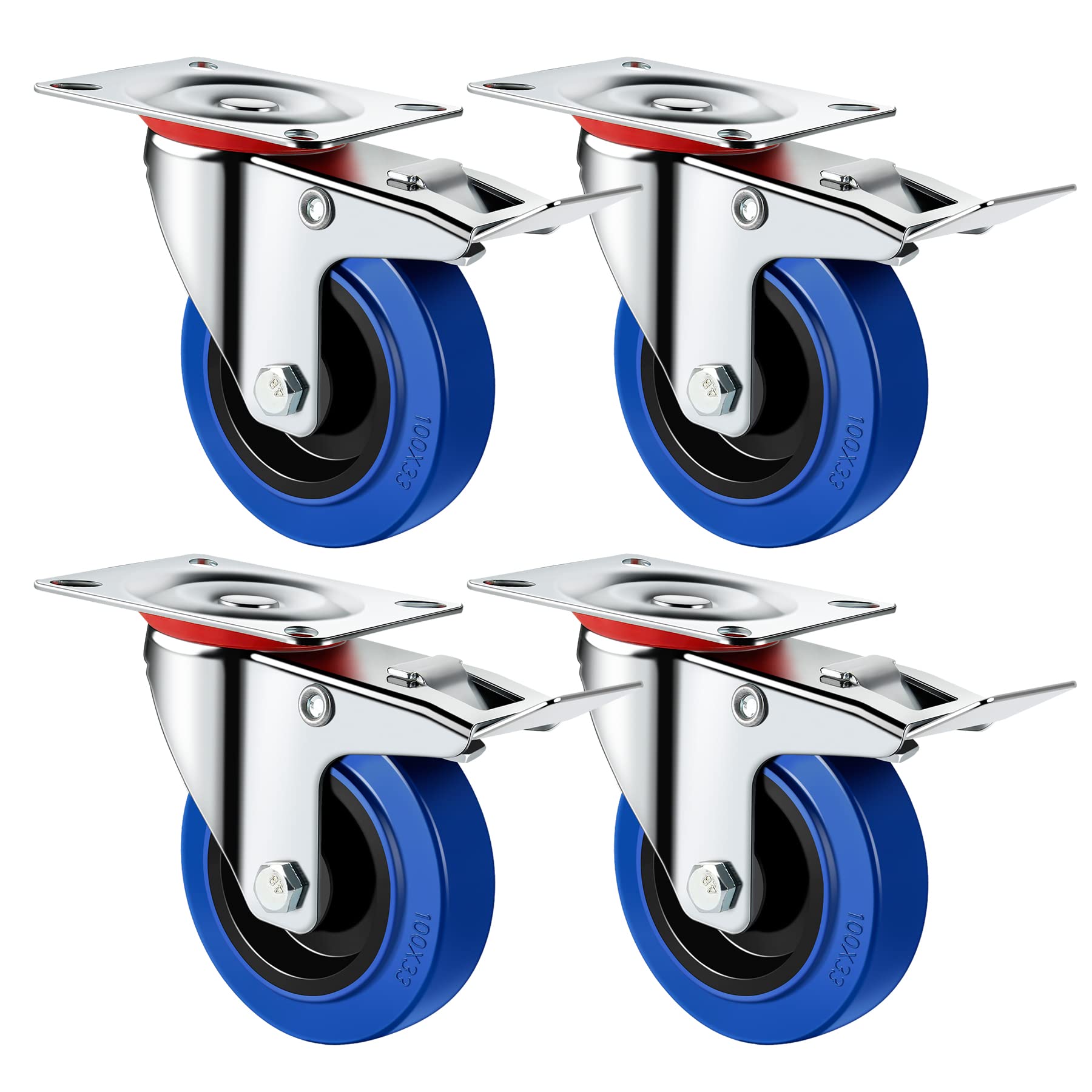 Forever Speed 4X Heavy Duty 125mm Rubber Swivel Castor Wheels Trolley Furniture Caster with Total Locking Swivel Castors with Brake Blue Load Capacity 300 KG