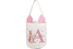 Personalized Easter Basket for Girls Boys Custom Name Easter Basket Bunny Egg Hunting Basket with Handle Reusable Bag (Pink-1