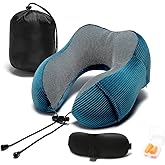 Memory Foam Neck Pillow with 360-Degree Head Support Lightweight Comfortable Travel Airplane Pillow with Storage Bag for Sleeping, Traveling,Car, Train, Bus and Home Use(Blue)