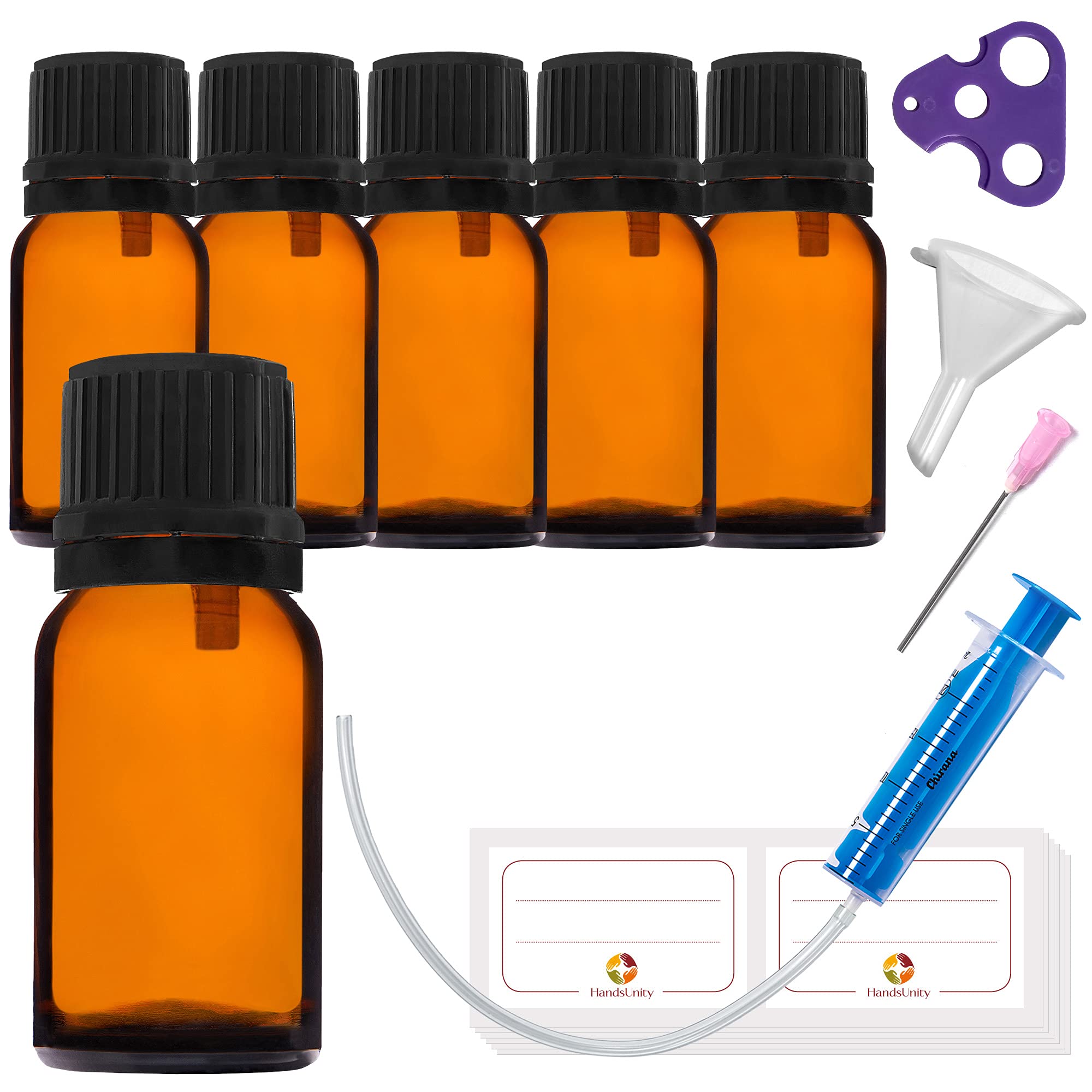 HandsUnity 10ml-6pcs Dropper Insert Bottle Small Amber Glass Bottle – Apothecary Glass with Black Dropper Insert Cap made of Brown Glass set including 18 auxiliary Accessories