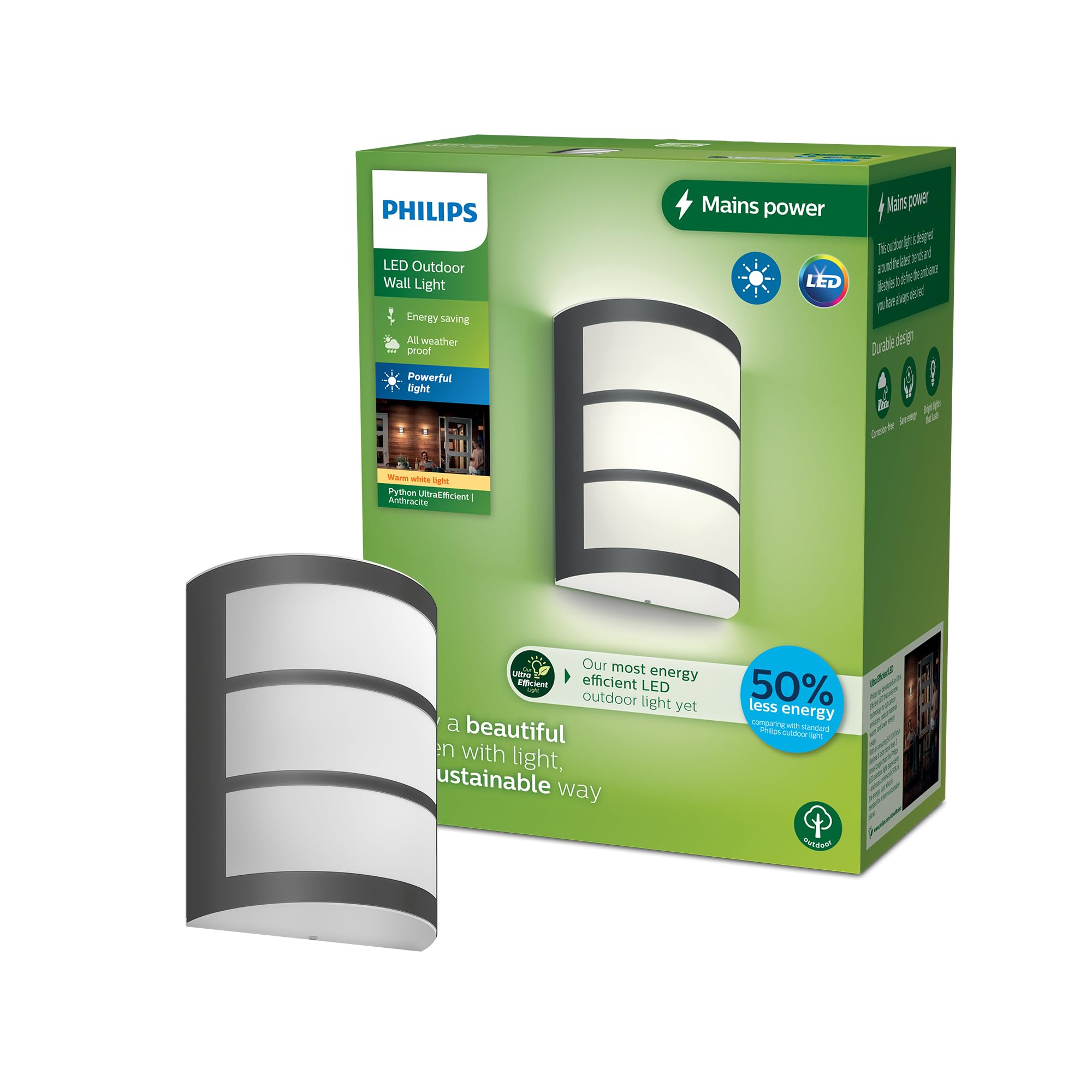 Philips Lighting Python UltraEfficient Outdoor Wall Light, 3.8W, 2700K, Antracite, IP44 Weatherproof