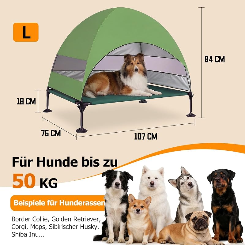 Erhöhtes Hundebett Outdoor mit UV-beständiges Dach，Hundeliege Klappbar mit Anti-Rutsch-Füßen, Hundezelt Outdoor mit Großem Schatten, Kühlendes ErhöHtes Hunde Bett für Camping, Garten (Grüner, L)