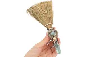 RENEMEGO Witch Broom Green Crystal - Witch Wiccan Altar Broom Witchcraft Witches Pagan Altar Decor Natural Reiki Energy Wand Stone Ritual Magic Ceremonial for Meditation Therapy Halloween Decorations