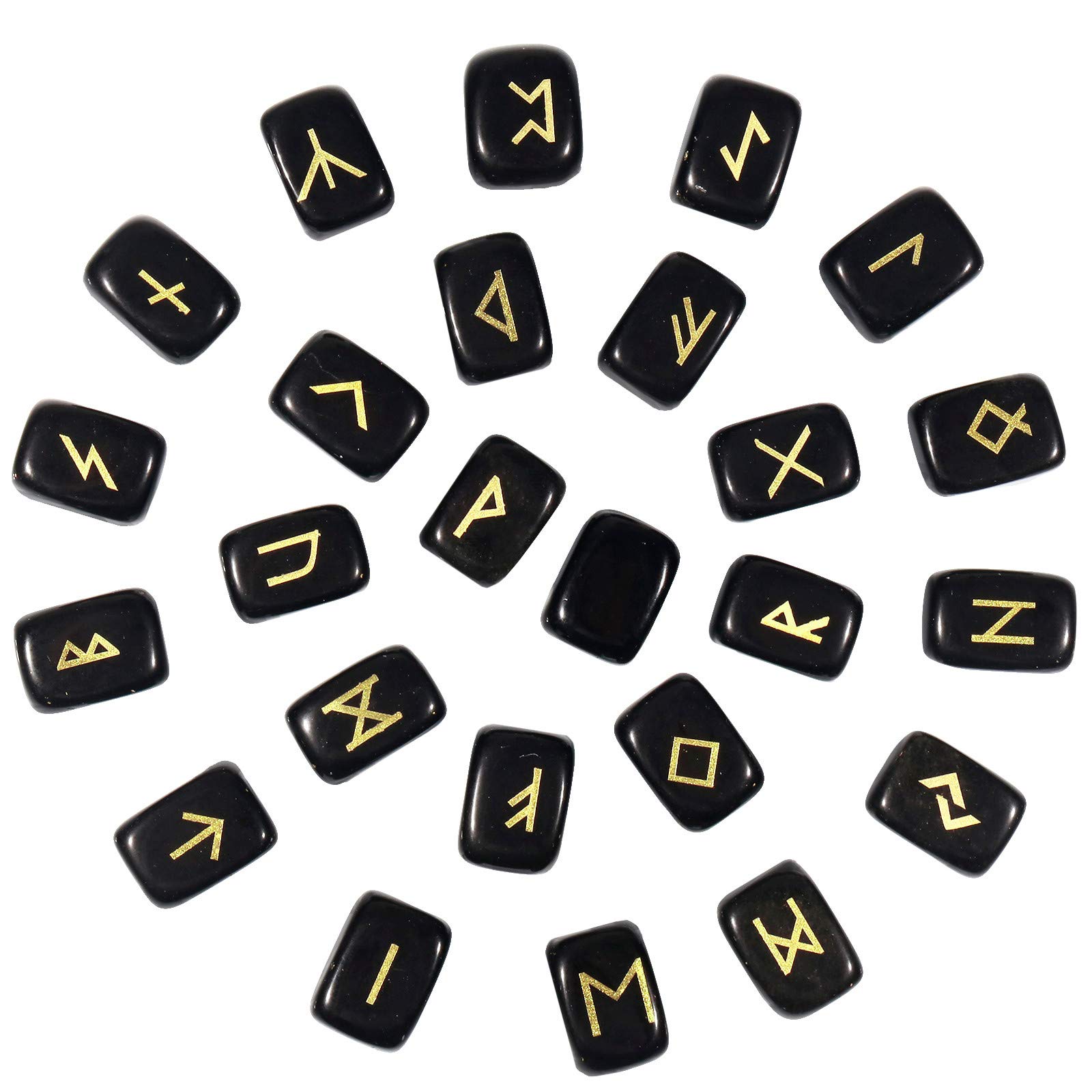 Nupuyai Natural Black Obsidian Rune Stones Set Polished Witches Crystal with Engraved Elder Futhark Runic Alphabet for Meditation Divination Healing