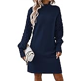 HUUSA Winter Dresses for Women 2025 Fall Puff Long Sleeve Sweaters Loose Mock Neck Outfits Sexy Mini Dress Going Out