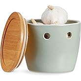 ONEMORE Large Garlic Keeper with Lid, Ceramic Garlic Saver 5 inch, Garlic Keeper for Counter, Light Green
