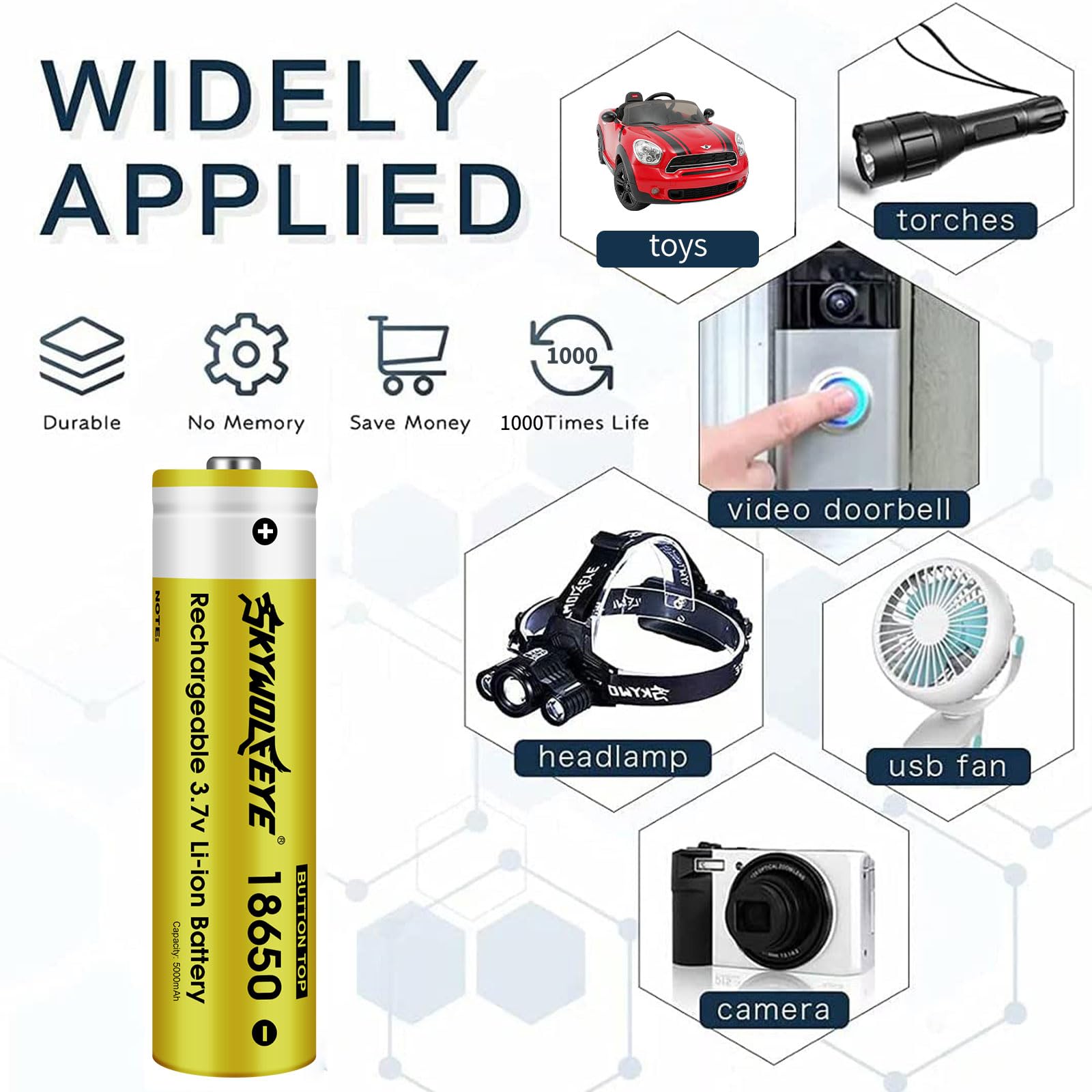 8 Pack 18650 Rechargeable Battery 3.7V 5000mAh Button top Li-ion Batteries for Flashlights, Headlamps