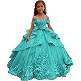 HYOKPI Lace Applique Flower Girl Dresses for Wedding Layered Girls Pageant Dresses Off Shoulder Ball Gown Dress for Girls