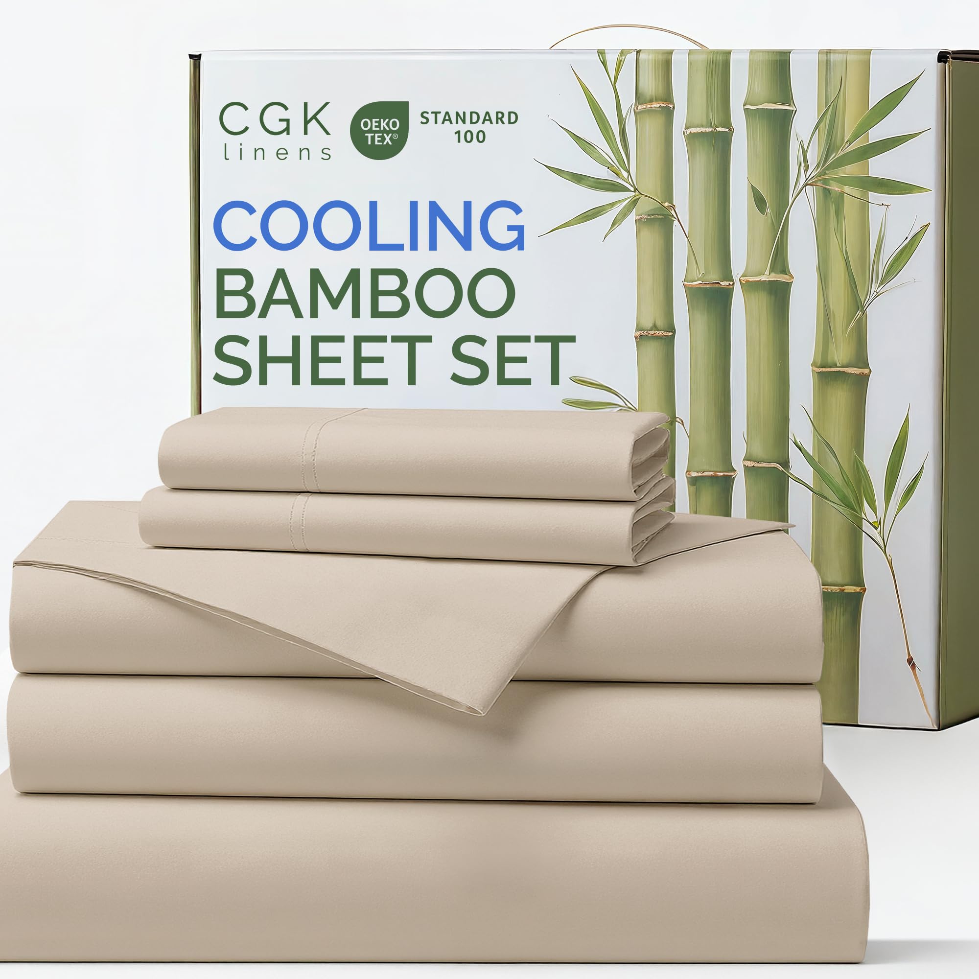 Photo 1 of Bamboo Sheets Split King Size - Cooling Sheets for Split King - 100% Rayon Derived from Bamboo - Soft Breathable Hotel Luxury Bedding - 1 Flat, 1 Fitted & 2 Pillowcases w/ 16 Inch Deep Pockets - Wheat