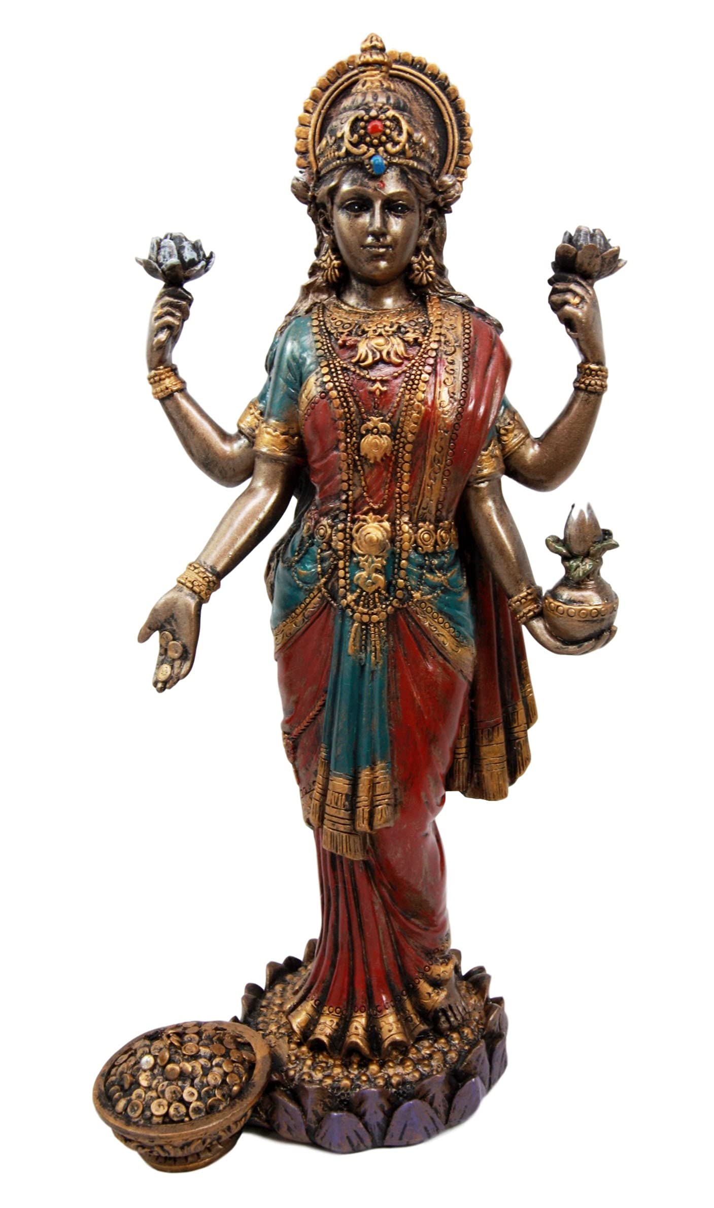 Ebros Gift Collectibles Hindu Goddess Of Fortune And Prosperity Lakshmi Standing On Lotus Pedestal Figurine 10"H