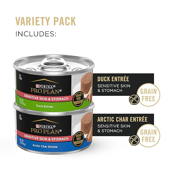 PURINA PRO PLAN SENSITIVE SKIN AND STOMACH WET CAT FOOD VARIETY PACK, DUCK AND ARTIC CHAR ENTREES – (PACK OF 24) 3 OZ. CANS