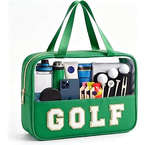 KRYZMET Golf Makeup Bag, Golf Gifts for Women Girls, Cute Chenille Letter Patch Clear Cosmetic Bag with Handle and Zipper, Wa