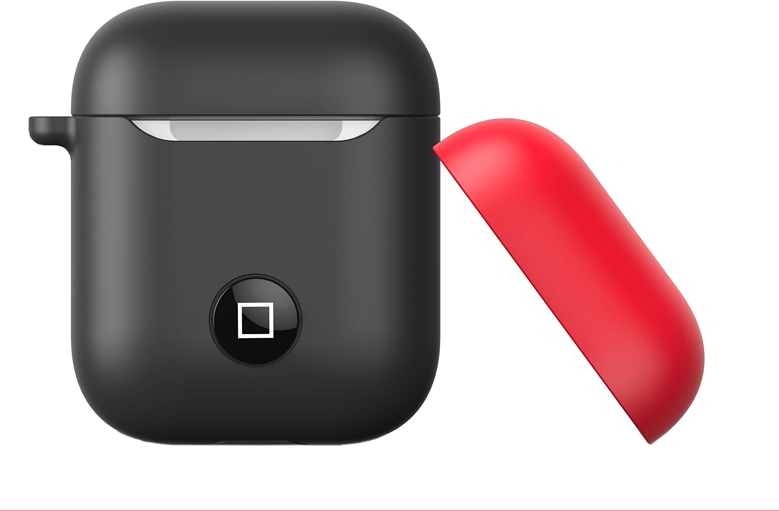 MODEBESO Premium Silicone Airpods Case with 2 Caps,Hook,Button,Supports Wireless Charging,8 Colors,Full Protective Cover Skin Compatible with Apple Airpods 1&2 (Black+Black/Red Cap)