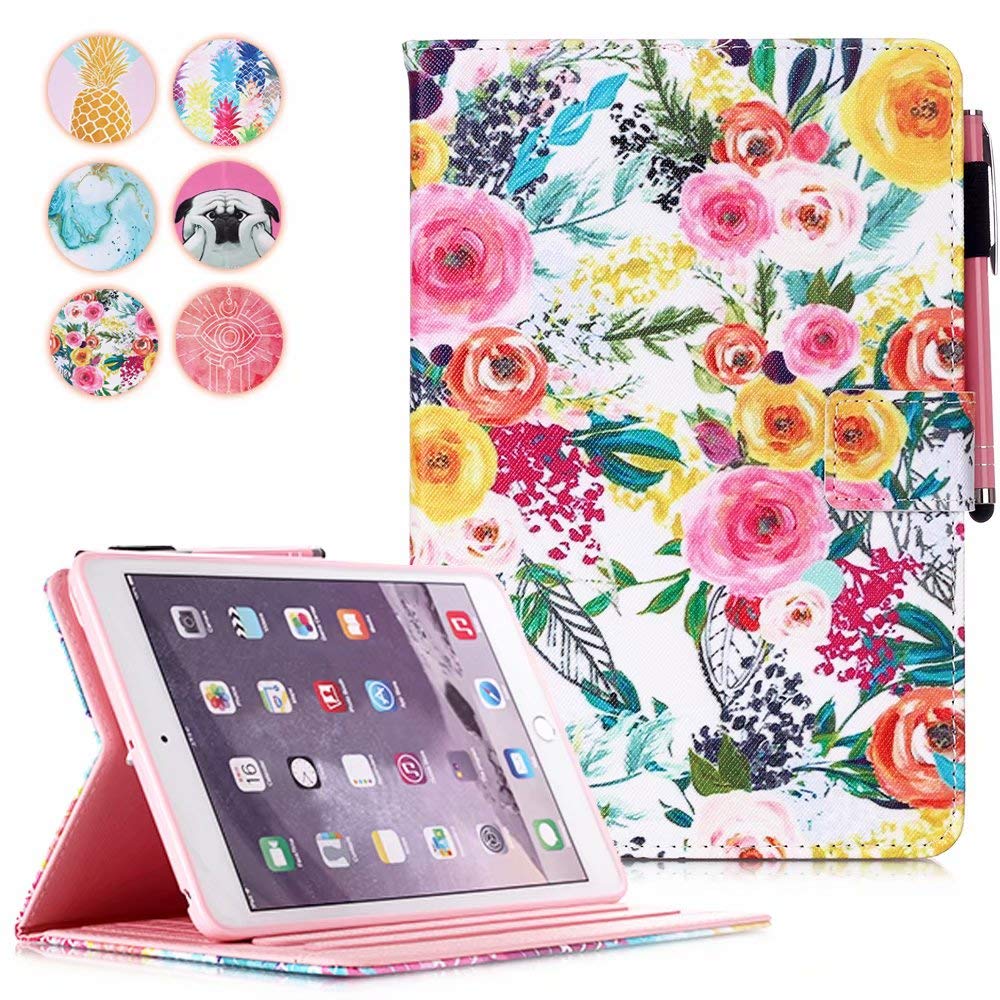 MOKASE iPad Mini 5 case, iPad Mini 1 2 3 4 Case, Flip PU Leather Wallet Case Multiple Viewing Angle Stand Smart Cute Colorful Cover for iPad Mini 1 2 3 4 5, Color Flowers