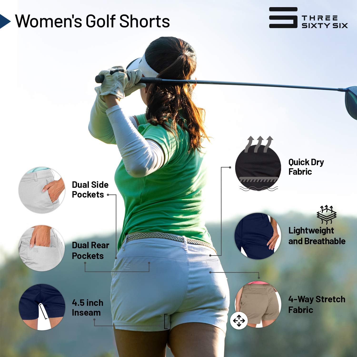 Three Sixty Six Womens Golf Shorts - Quick Dry Active Shorts with Pockets, Athletic and Breathable - 4 ½ Inch Inseam: Clothing