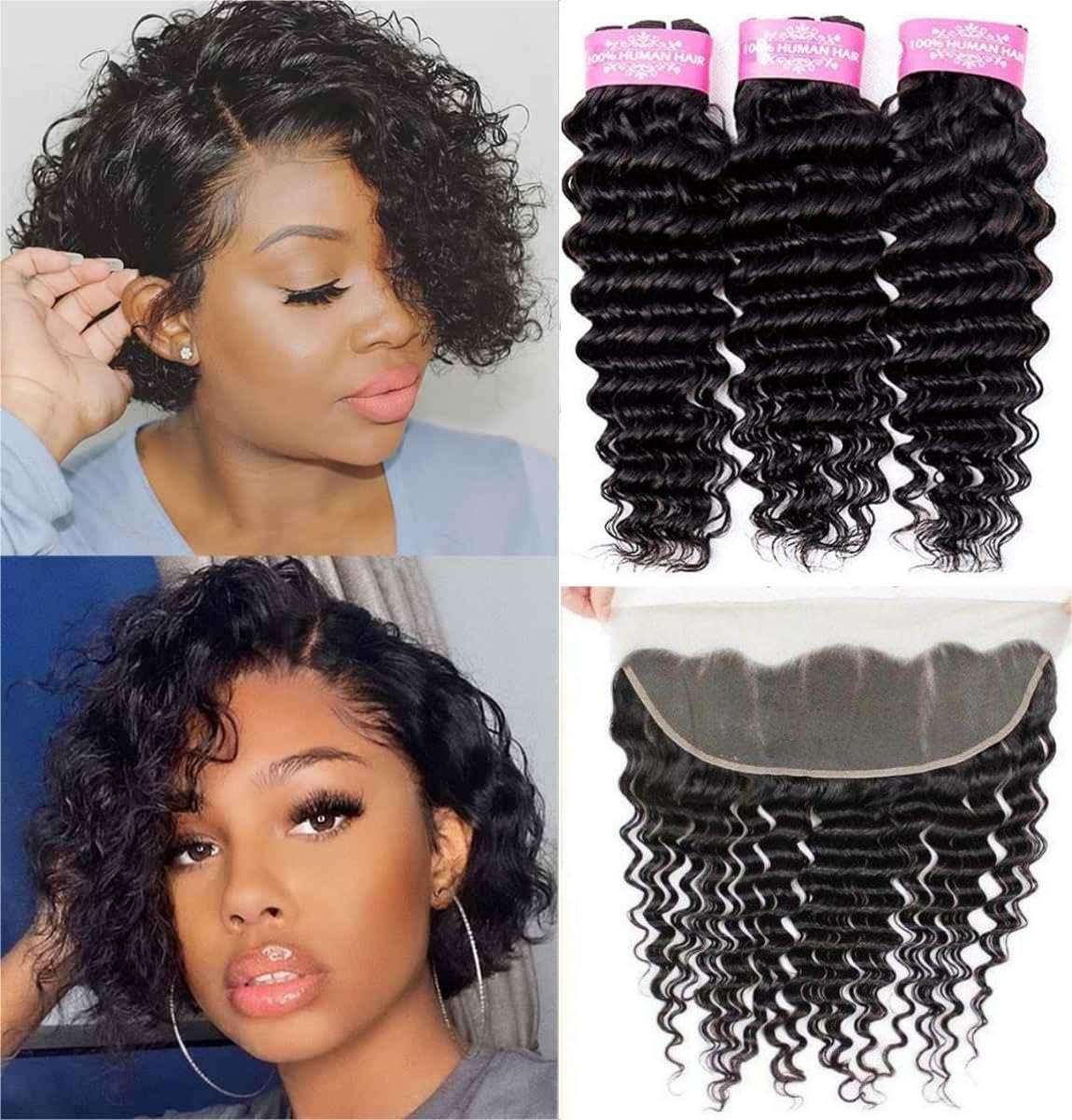 Sexycat Deep Curly Bundles with 13x4 HD Lace Frontal Human Hair 10 10 10+10 Inch 100% Unprocessed Brazilian Virgin Hair Extensions Water Wave Weave Bundles with Lace Frontal — image 1