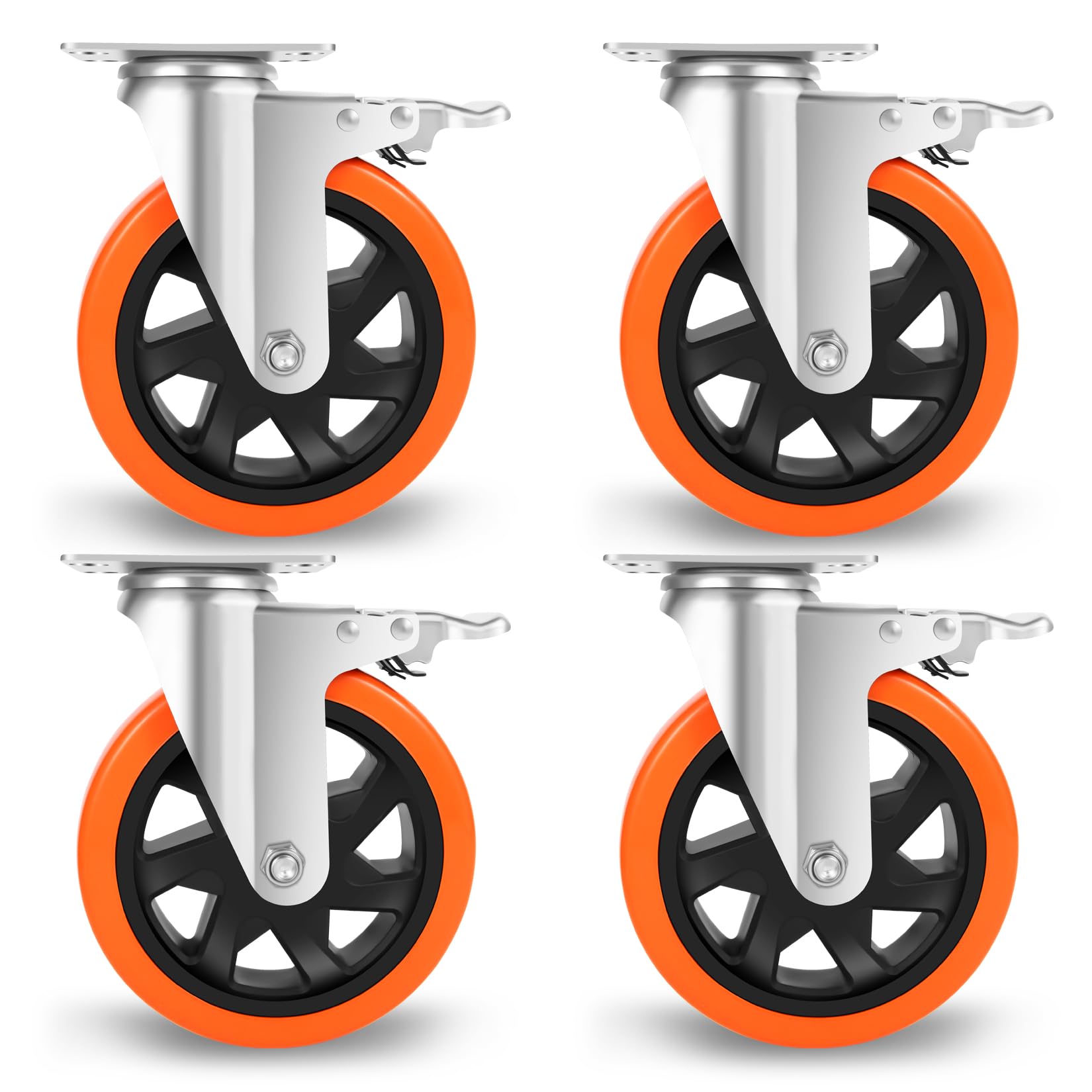 W B D WEIBIDA 6-inch Caster Wheels Heavy Duty with Dual Locking, Polyurethane Castors with 2400Lbs Load Capacity, Quite & Thicken Steel Durable Caster Wheels for Cart, Workbench, Furniture, Set of 4