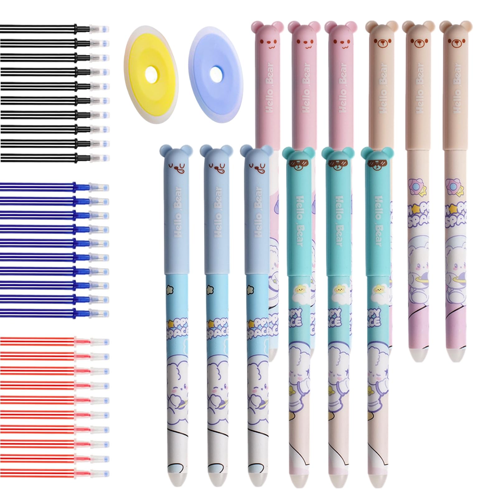 CONNECTION Erasable Pens Set 12 Pcs Bunny Rub Out Pens 0.5mm Cute Cartoon Erasable Ballpoint Pen Gel Pen with 30 Pcs Refills and 2 Pcs Erasers for Kids Student Drawing (Multi-color)