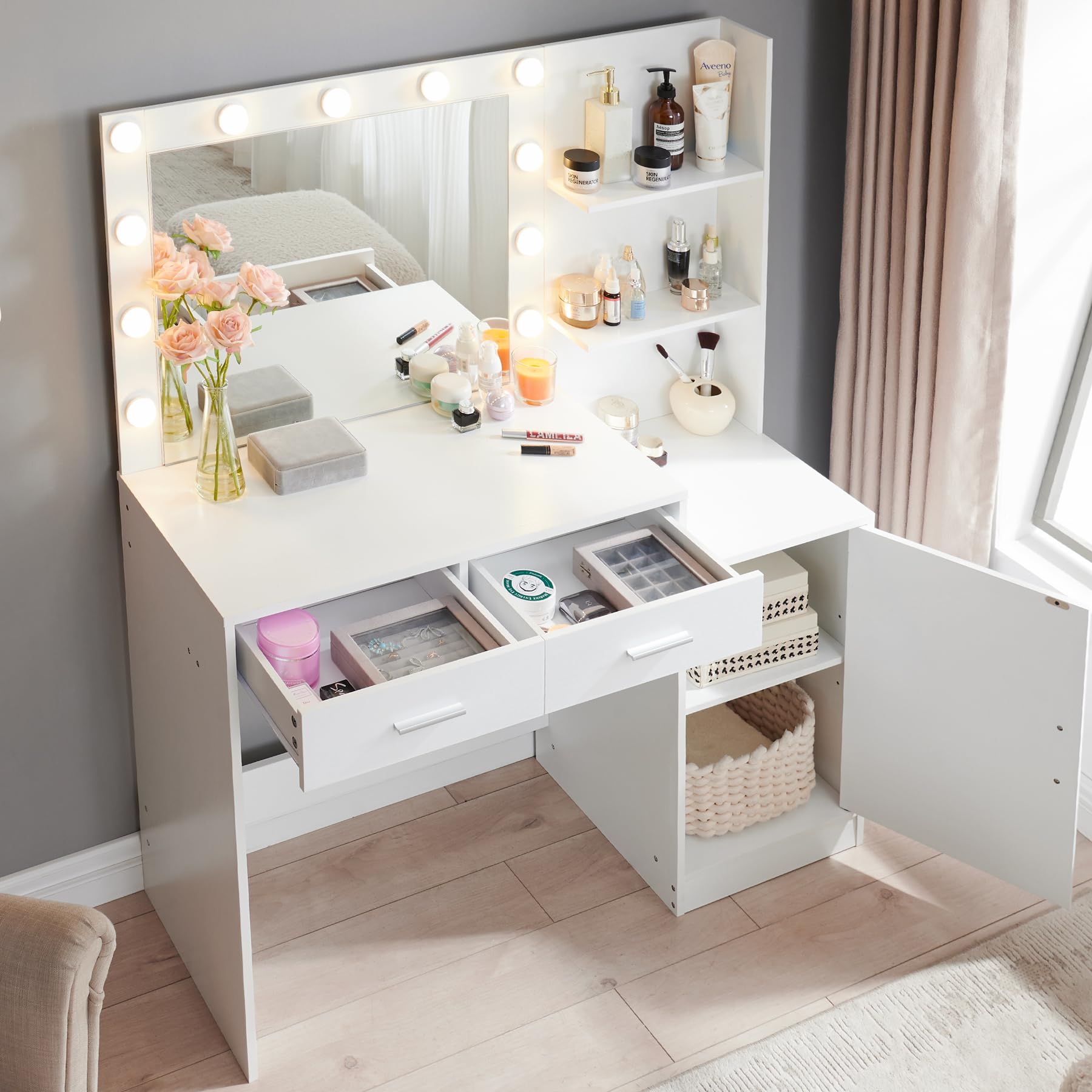 Photo 1 of Makeup Vanity Desk with Mirror and Lights, 46.4IN Dressing Table with 2 Large Drawer and Large Vertical Organizer, 3 Level Lighting Modes Adjustable Brightness, Makeup Vanity for Bedroom (White)