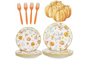 DECORLIFE Large Fall Plates and Napkins Party Supplies for 24 Guests, 10.25" and 8" Pumpkin Paper Plates, 7" Forks Included for Harvest Festival, Thanksgiving Day, Total 96PCS