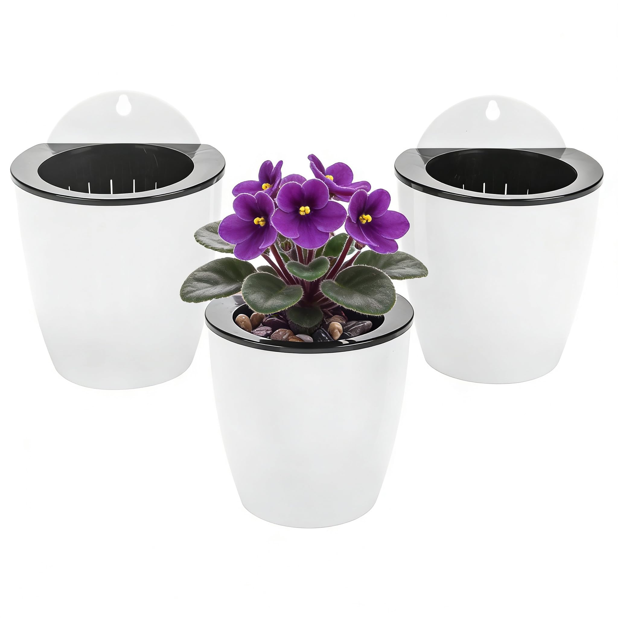 ORIMERC 3 Pack Self Watering Plant Pots Wall Hanging Basket Over Fence Planters Vertical Garden Hang Plastic Container Indoor Outdoor for Plants Flowers Succulent Living Herbs Holder White Small