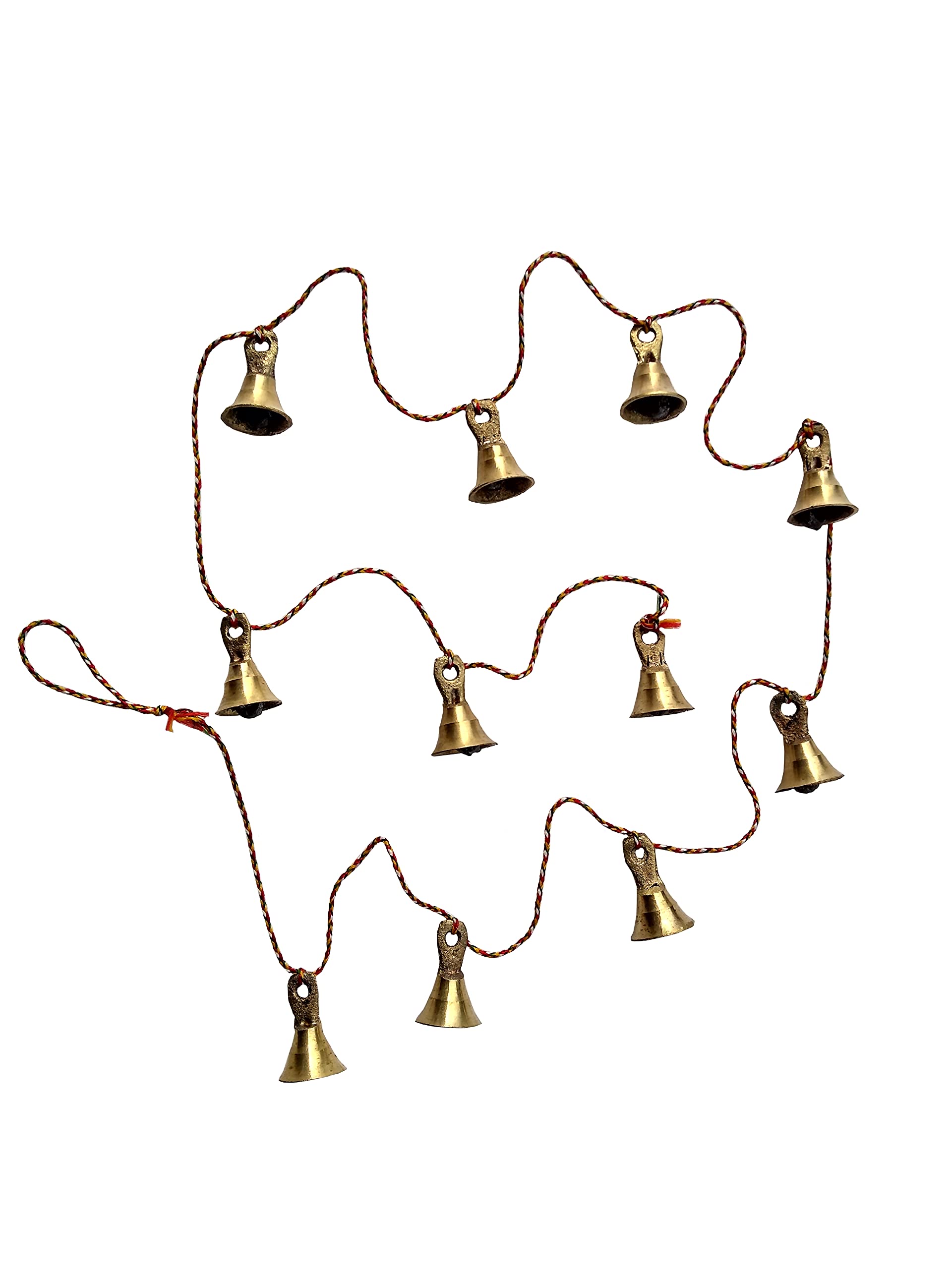 FIKIMOS Decorative String of 11 Metal Vintage Indian Style Fair Trade Wall Hanging Bells Brass Colour 108 x 2 cm