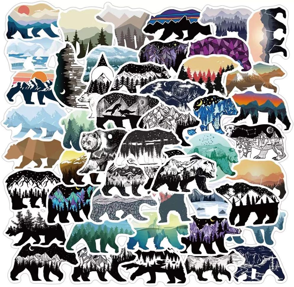 Grizzly Bear Stickers with Mountaintop Landscapes| 50 Pcs Bear Waterproof Vinyl Stickers for Water Bottles Bicycle Laptop Refrigerator Luggage Computer Mobile Phone Skateboard Bike Decals