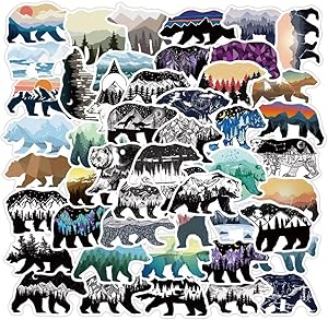Grizzly Bear Stickers with Mountaintop Landscapes| 50 Pcs Bear Waterproof Vinyl Stickers for Water Bottles Bicycle Laptop Refrigerator Luggage Computer Mobile Phone Skateboard Bike Decals