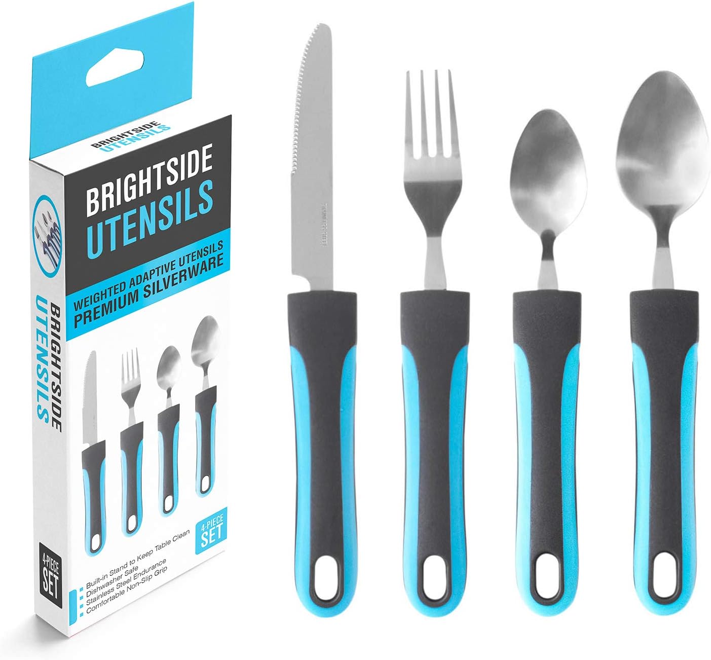 Adaptive Utensils Premium Silverware - Weighted Utensils Set with Non Slip Handles for Limited Muscle Control - for Parkinsons, Arthritis, Aid Handicapped, Hand Muscle Weakness - 4 Piece Set