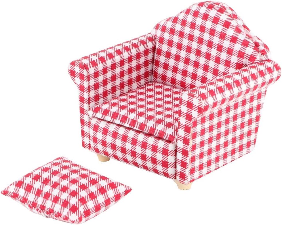 Furnoor Miniature Single Sofa Couch Armchair with Pillow for 1:12 Dolls DIY Dollhouse Accessories Children's Gift(Red)