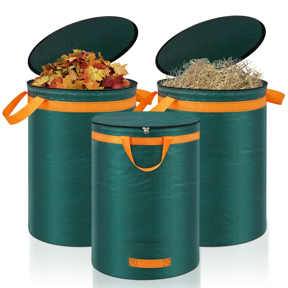 Eurhomewit 3 Pcs Green Garden Waste Bags 272L, Large Refuse Bags Heavy Duty with Handles and Lid, Refuse Sacks Reusable for Waste, Grass and Leaves