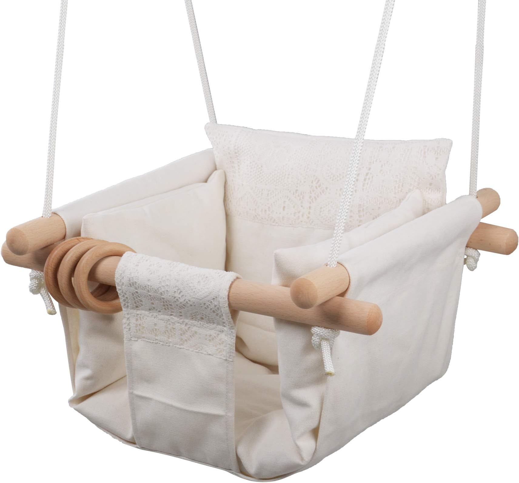 Jozeit Baby Kids Toddler Canvas Swing Seat Chair - with Cushion - Lace Decor (Beige)