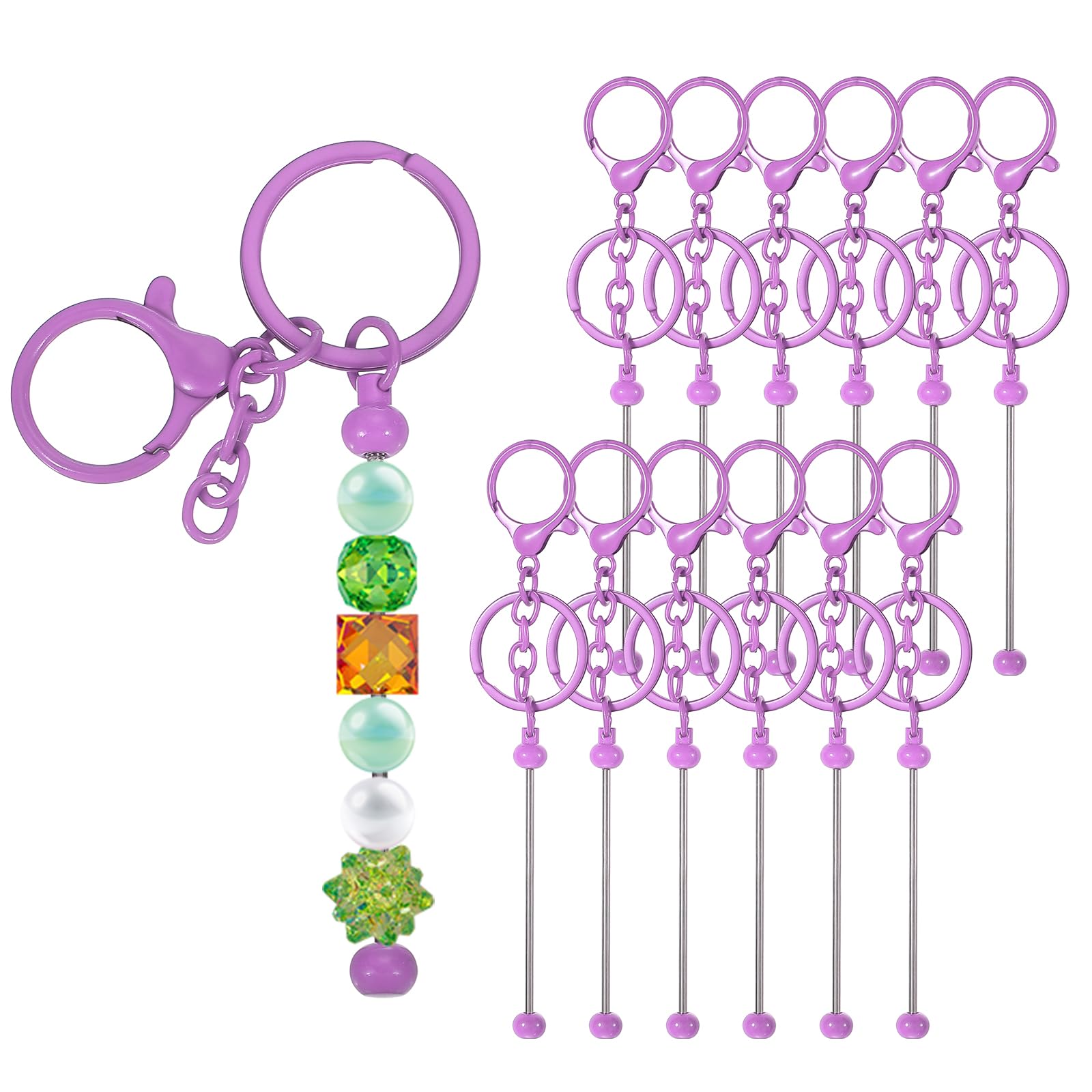 PATIKIL 12 Pcs Beadable Keychains Bars, Metal Beaded Keychain Blanks Bulk Making Supplies Kit with Lobster Hook for Pendant DIY Art Crafts, Dark Purple