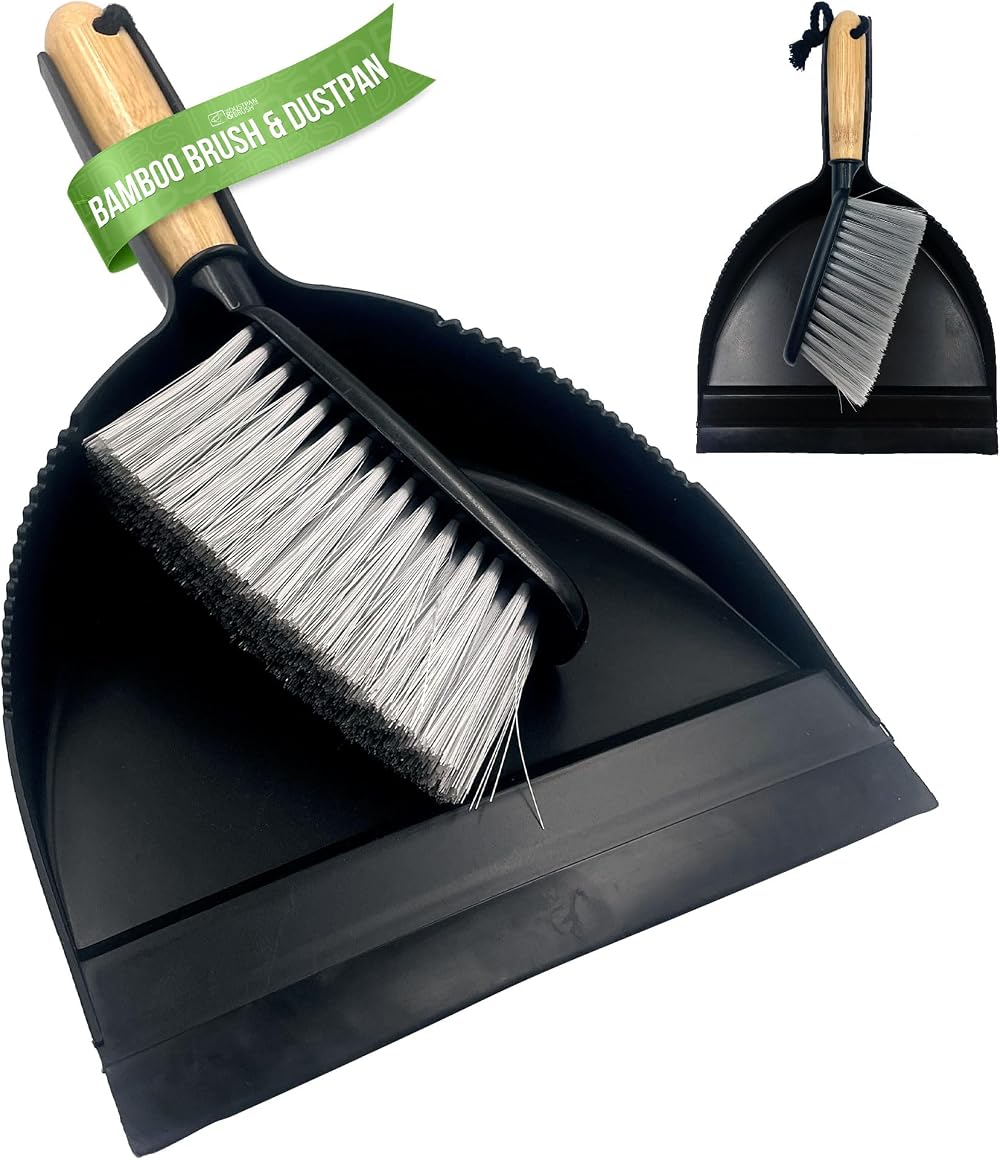 TDBS Dustpan and Brush Set Bamboo Handle with Soft Bristles