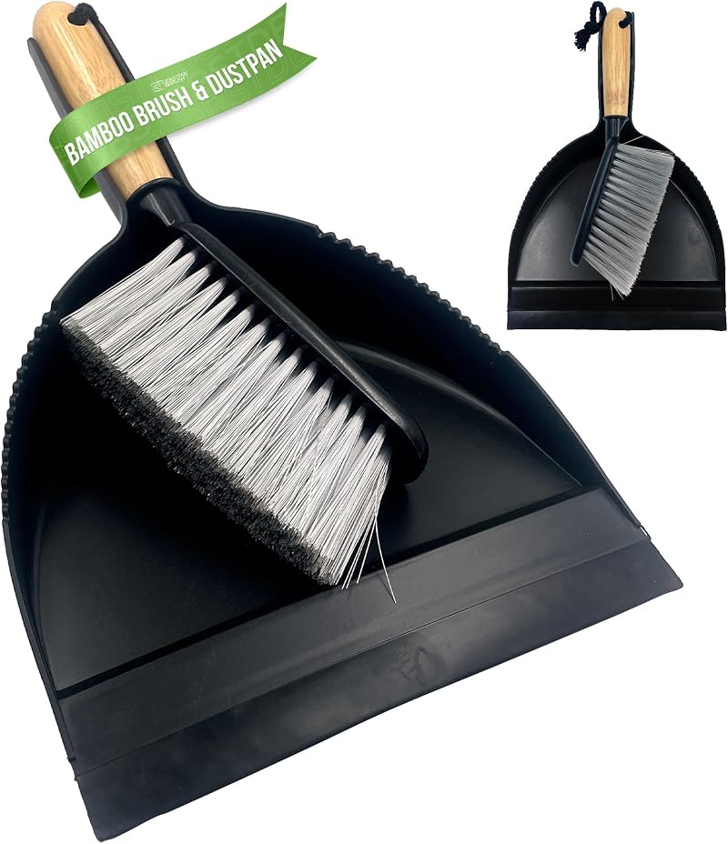 TDBS Dustpan and Brush Set Bamboo Handle with Soft Bristles