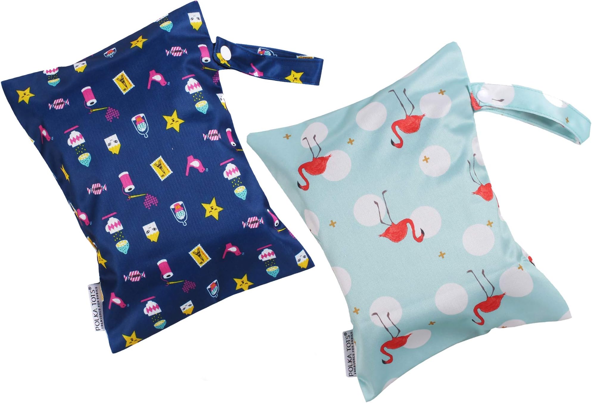 POLKA TOTS Waterproof & Reusable Wet Dry Baby Diaper Bag with Zipper for Travel, Beach, Pool, Dirty Gym Clothes, Wet Swimsuits, Toiletries Pack of 2 (20 x 25 CM, Mix - Flamingo)