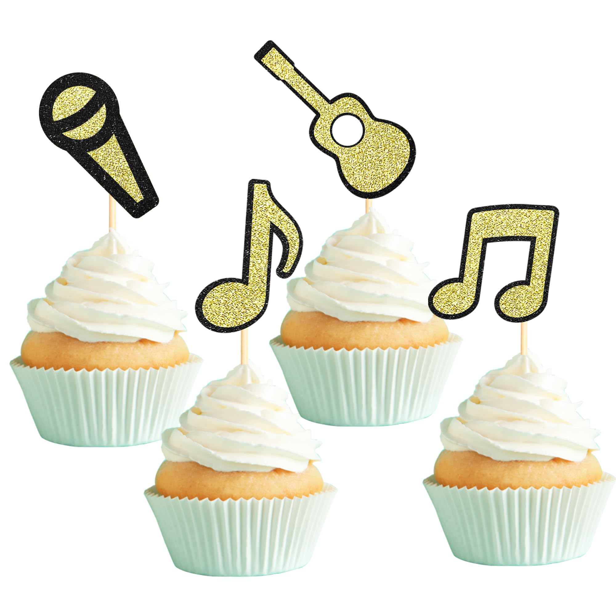 Sumerk Music Notes Cupcake Toppers Rock Music Theme Cupcake Picks Guitar Microphone Birthday Party Supplies - Pack of 28