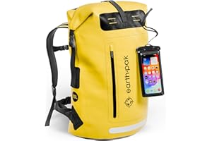 Earth Pak Waterproof Backpack - Heavy Duty Hiking Backpack - Roll-Top Closure - Waterproof Bag - Cushioned Dry Bags Waterproof w/ IPX8 Waterproof Phone Case - Wet Bag for Hiking, Kayak (Yellow, 55L)