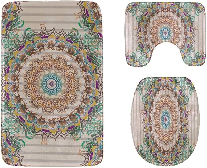 Juego de 3 Alfombrillas de baño Decorativas con Mandala Redonda